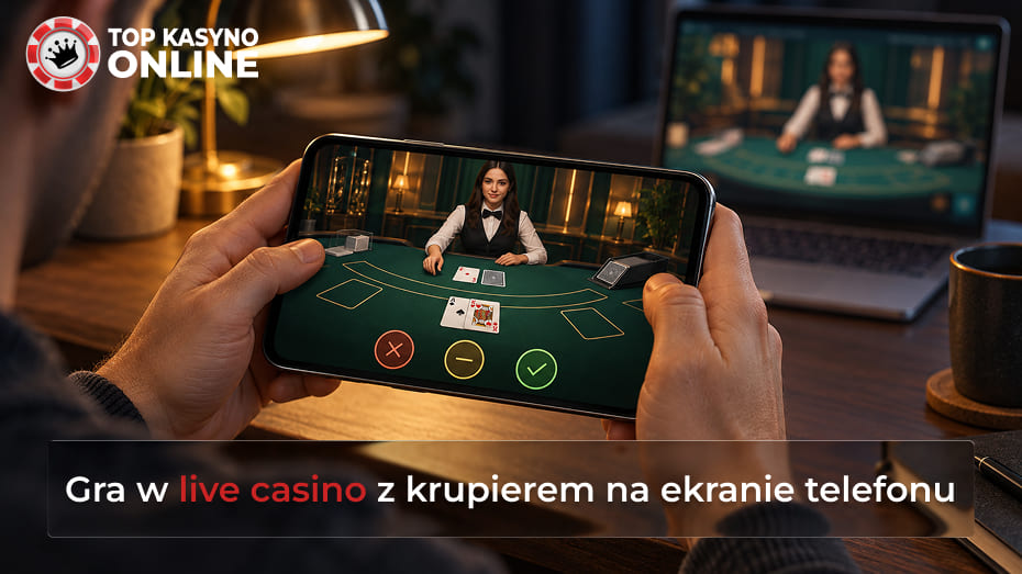 Gra w live casino z krupierem na ekranie telefonu